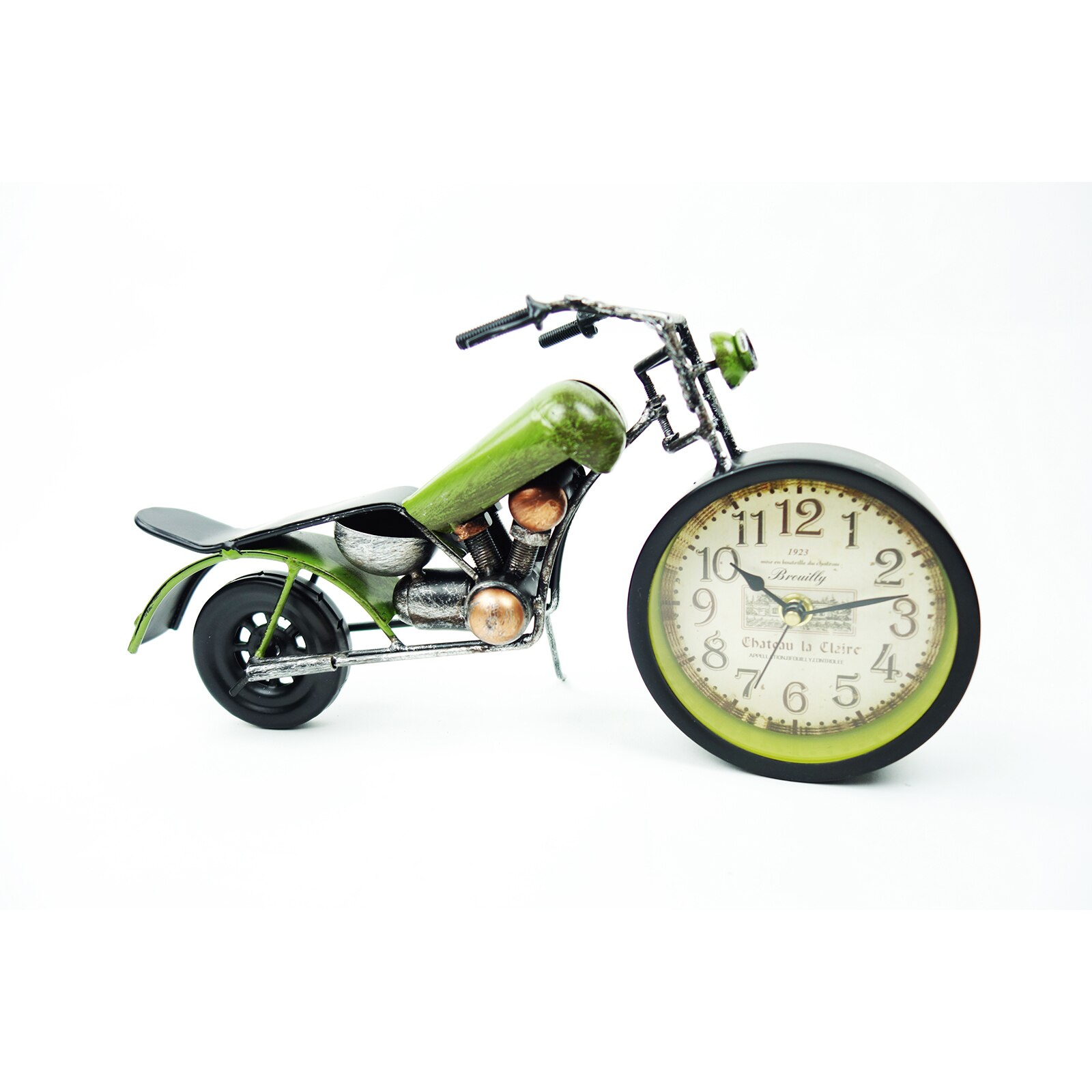 Ceas metalic in forma de motocicleta Vintage. verde, 30 cm